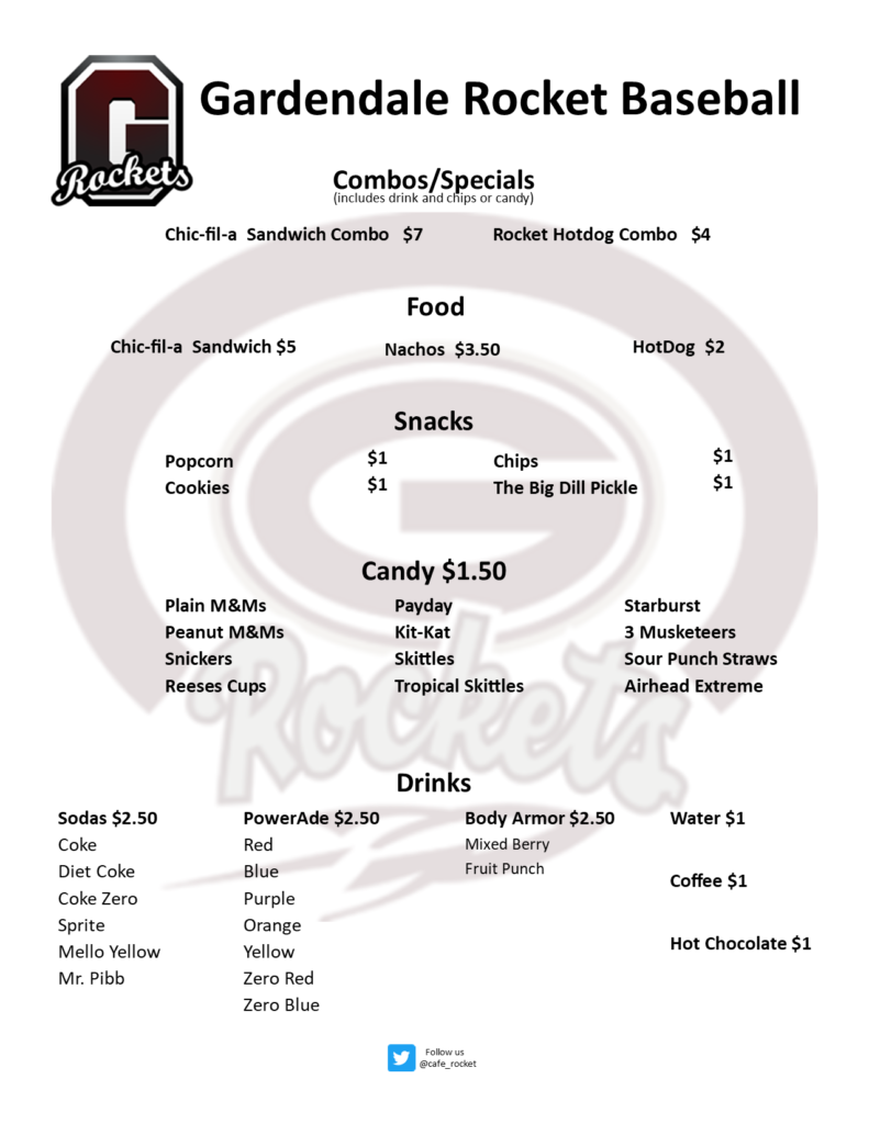 Concession Stand Menu GHS Rocket Dugout Club